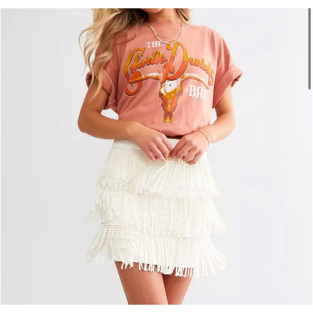 NWT Blue B Broadway Girls White Faux Leather Gold Studded Fringe Skirt Small